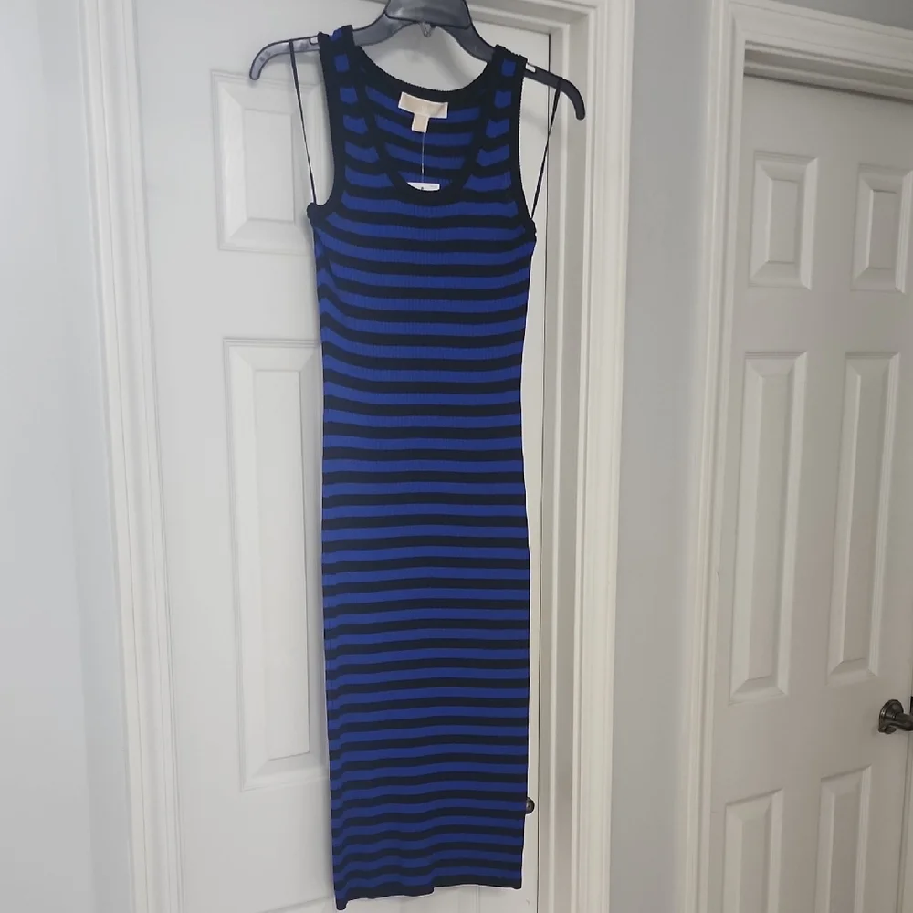 Michael Kors Blue and Black Striped Midi Dress